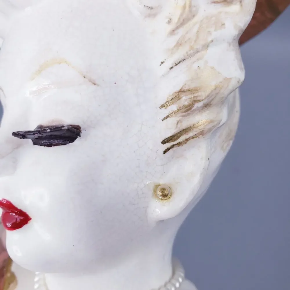 Vintage Lady Head Vase Headache W/ Eyelashes Pearl Necklace Gold Earrings Peach